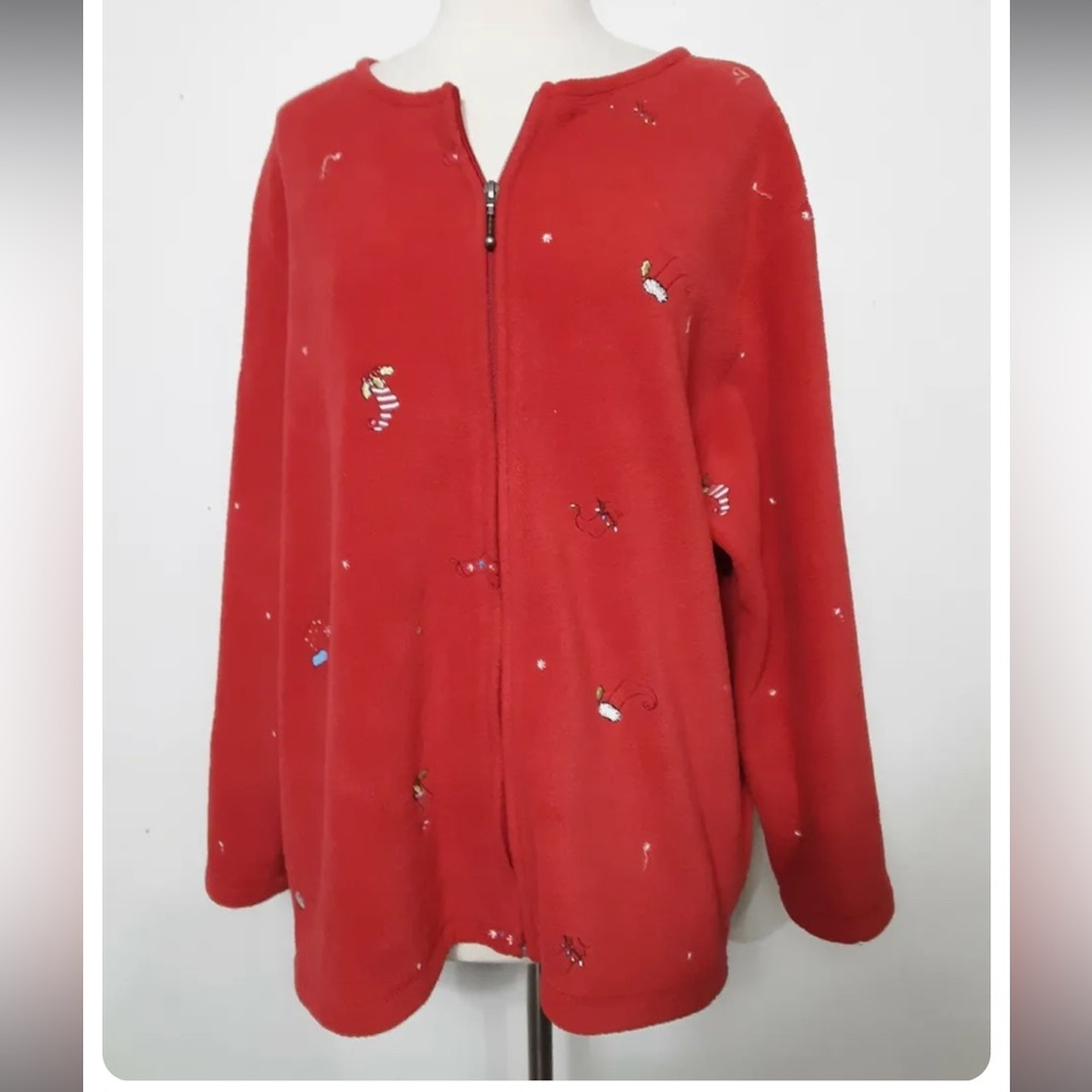 Croft & Barrow Red Holiday Fleese Zip Up Sweatshirt with Stockings size medium - Picture 2 of 12